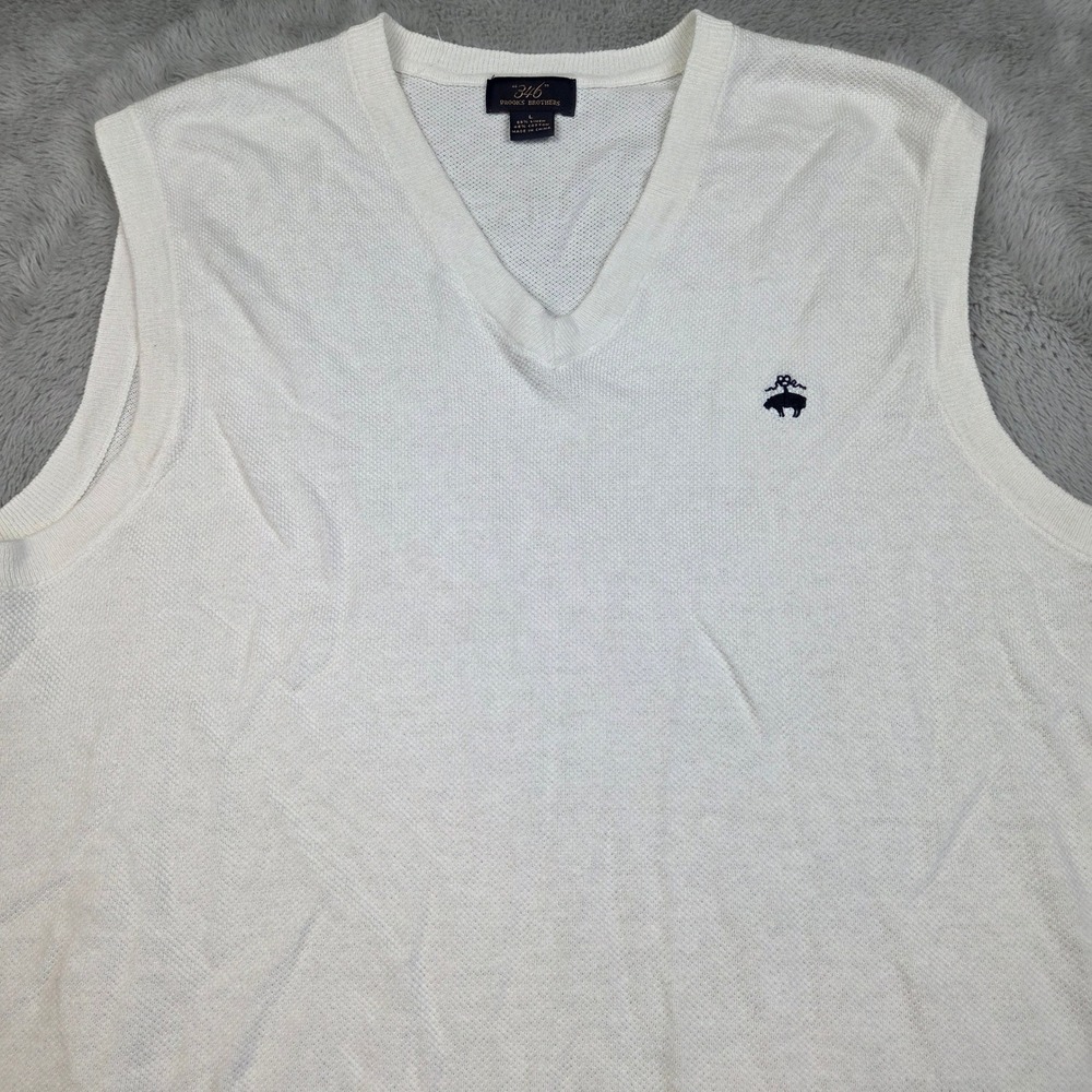 Brooks Brothers Linen Cotton Sweater Vest Mens L V-Neck Logo Knit White 346 Item
